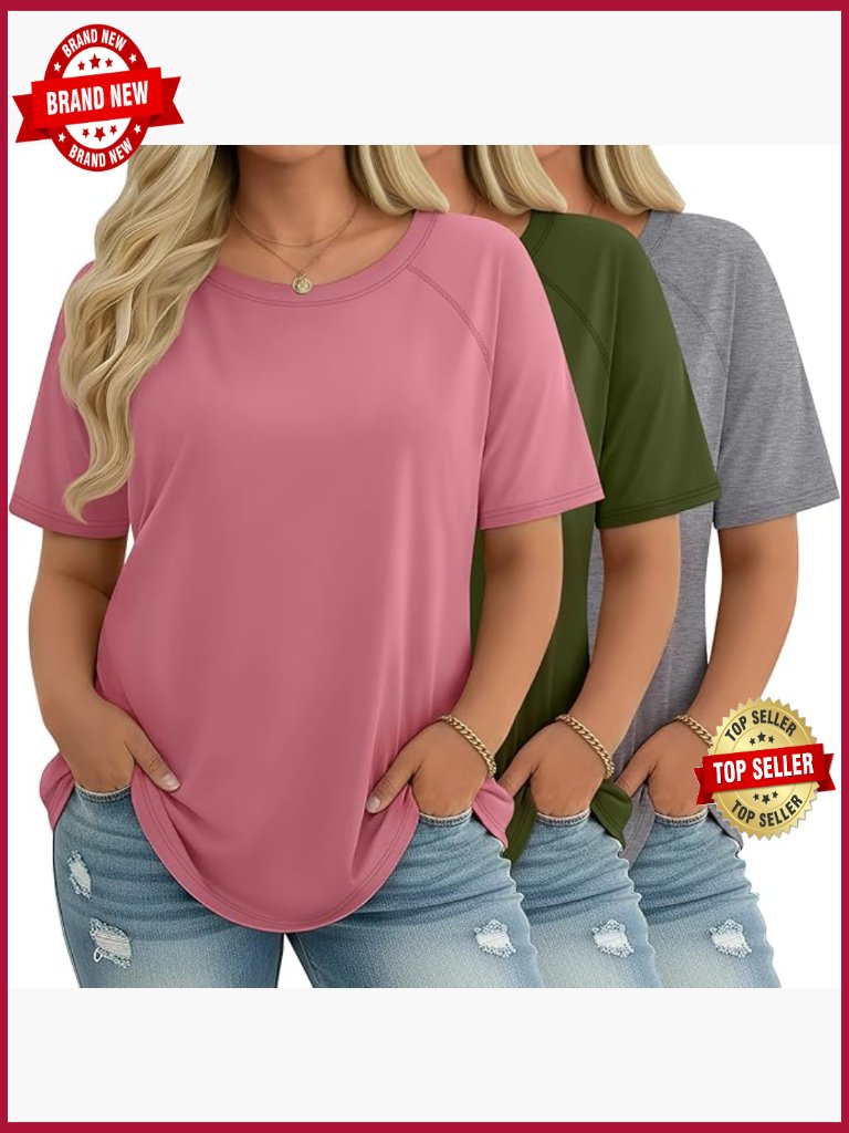 3 Pack Plus Size Tunic Tops Women Crewneck Short Sleeve Loose Fit Tees